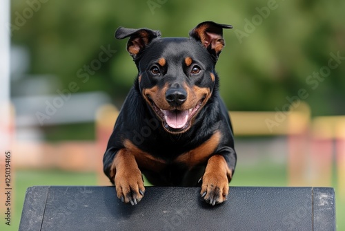 A dog skillfully demonstrates its abilities on training equipment, showcasing its intelligence, agility, and the strong bond between the pet and its handler in an outdoor setting. photo