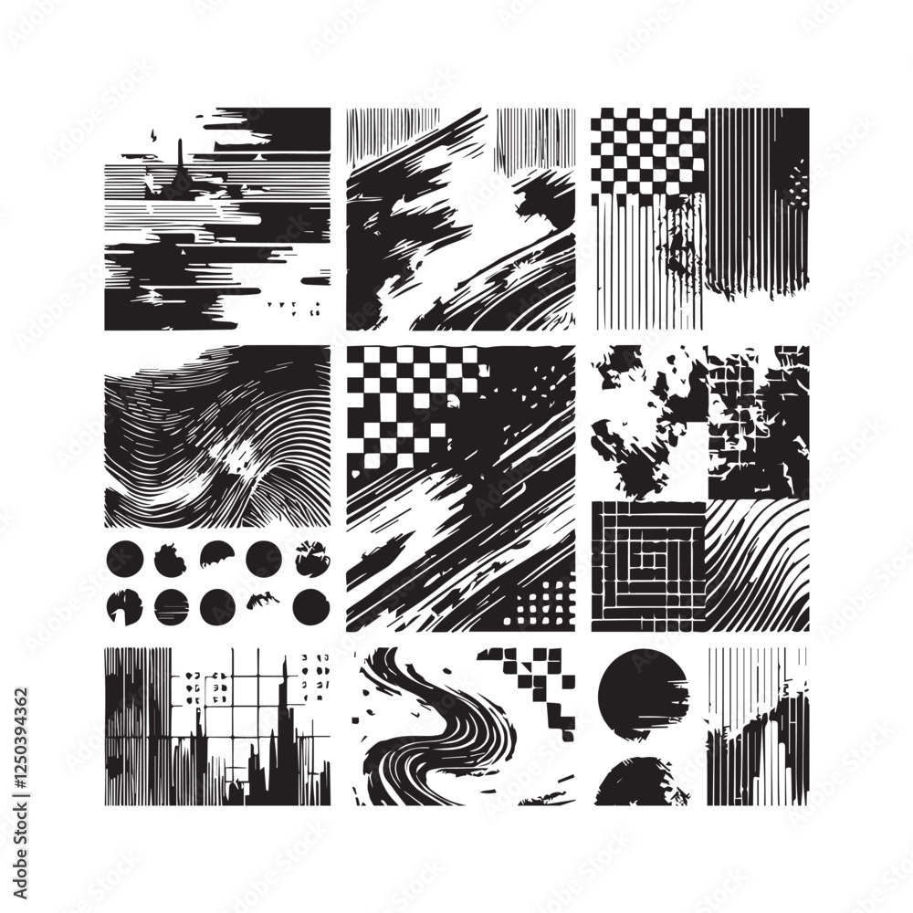 Naklejka premium Vector abstract black and white textures set featuring distorted
