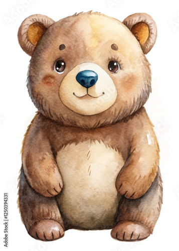 Cute cartoon bear, watercolor illustration, adorable animal character, children's book art, playful design.