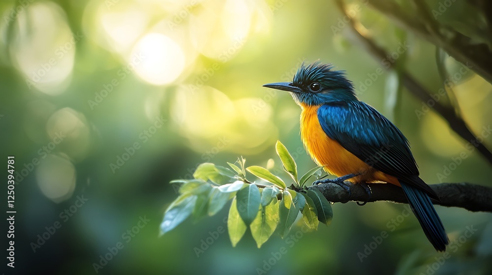 Fototapeta premium Vivid Blue And Orange Bird Perched On Branch