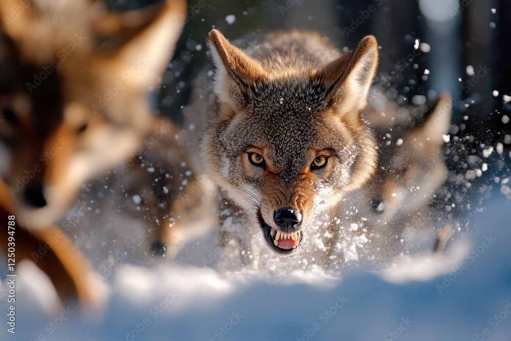 A captivating scene of three coyotes energetically racing through deep snow, reflecting the beauty of wildlife and their instinctual behavior in a snowy forest environment. A captivating scene of three coyotes energetically racing through deep snow, reflecting the beauty of wildlife and their instinctual behavior in a snowy forest environment.