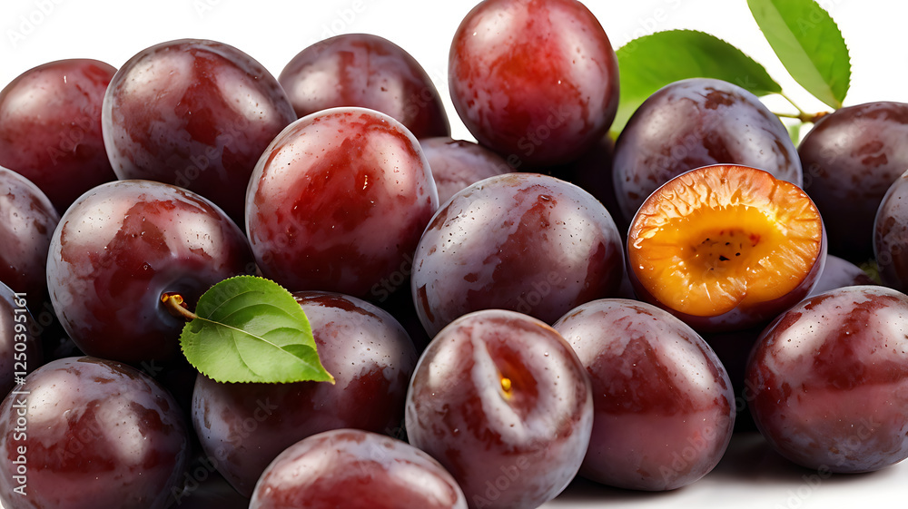 Fototapeta premium Close-up of fresh ripe plums on a white background