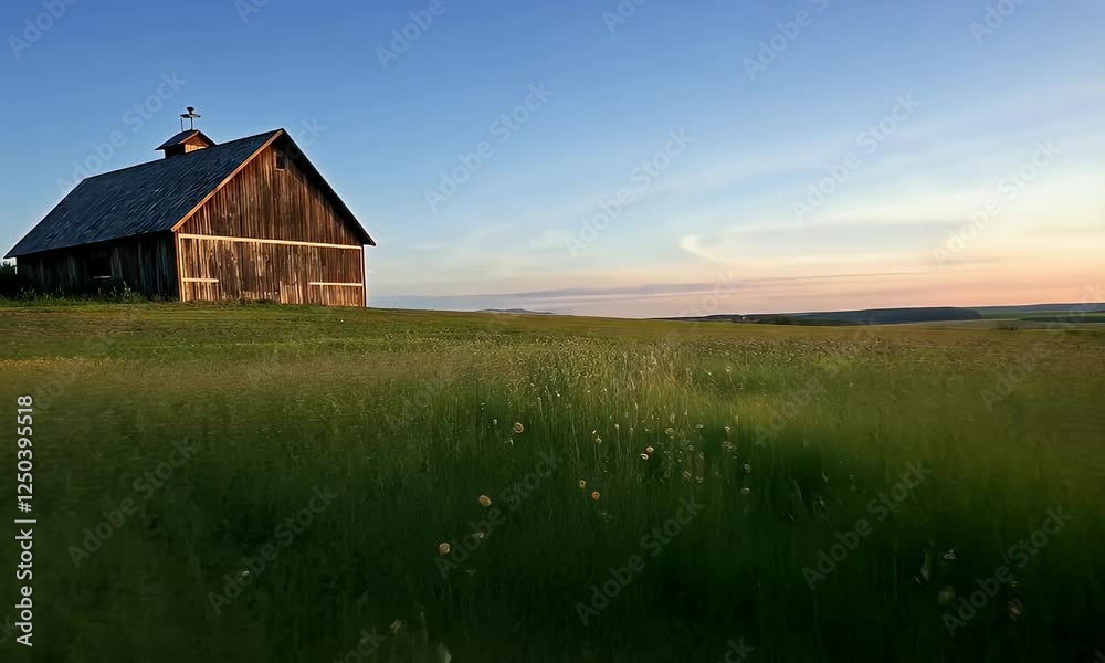 Rustic barn sunset prairie field landscape, farm tranquility Rustic barn sunset prairie field landscape, farm tranquility