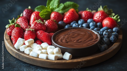 A beautifully arranged platter featuring ripe strawberries, blueberries, and fluffy marshmallows alongside a rich chocolate dip photo