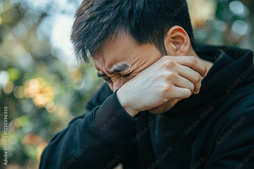 A person coughing into their elbow, practicing good hygiene A person coughing into their elbow, practicing good hygiene