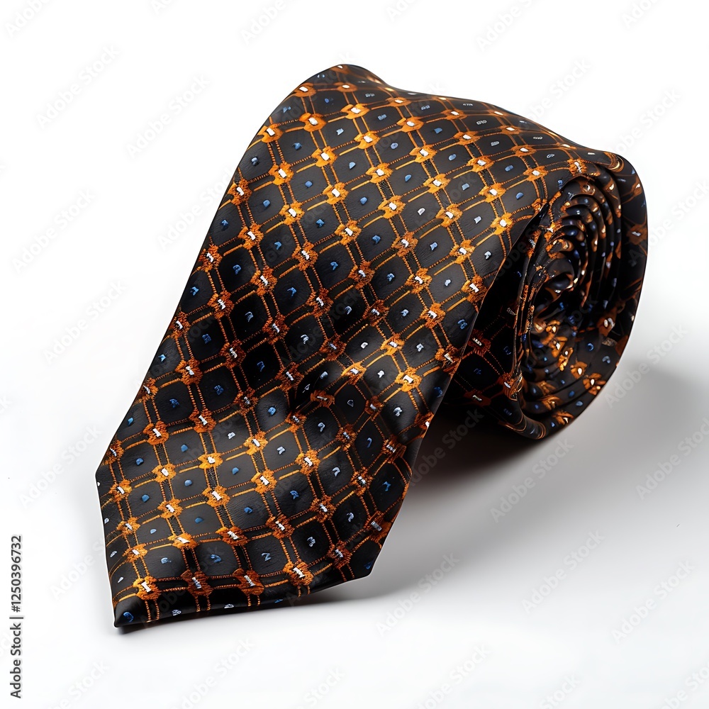 Elegant Dark Brown and Gold Necktie: A sophisticated men's necktie in dark brown with a subtle gold geometric pattern, rolled and presented on a flat surface. Elegant Dark Brown and Gold Necktie: A sophisticated men's necktie in dark brown with a subtle gold geometric pattern, rolled and presented on a flat surface.