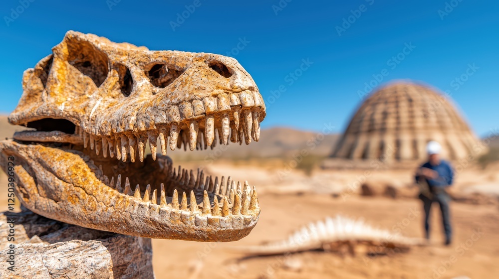Obraz premium Dinosaur Skull Fossil in Outdoor Desert Landscape with Archaeologist