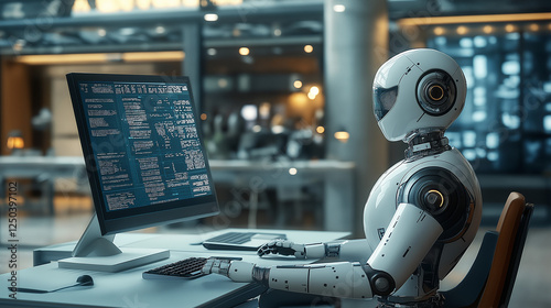 Futuristic artificial intelligence robot working as a data analyst or cybersecurity specialist in a high-tech office environment, surrounded by multiple computer screens displaying complex code