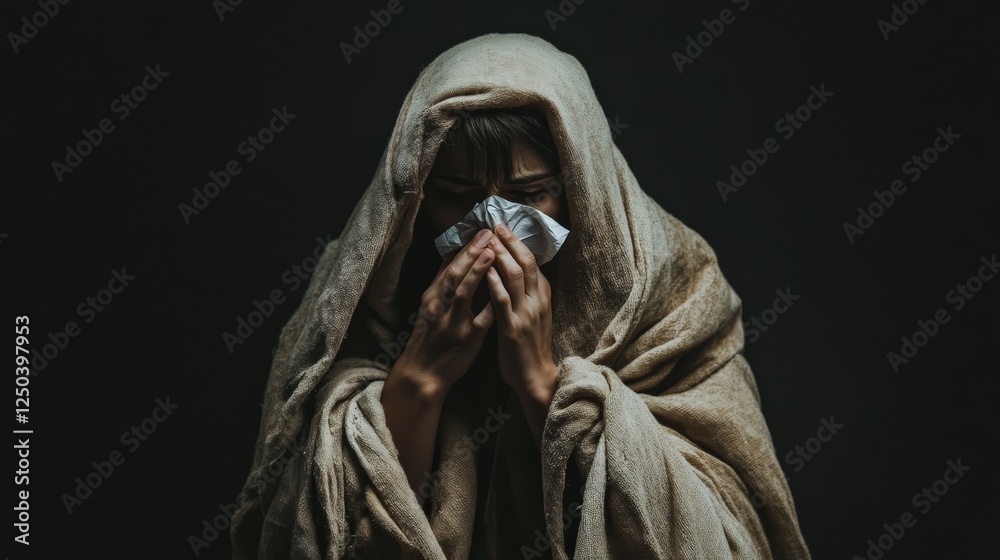 A person wrapped in a blanket, holding a tissue, and sneezing A person wrapped in a blanket, holding a tissue, and sneezing