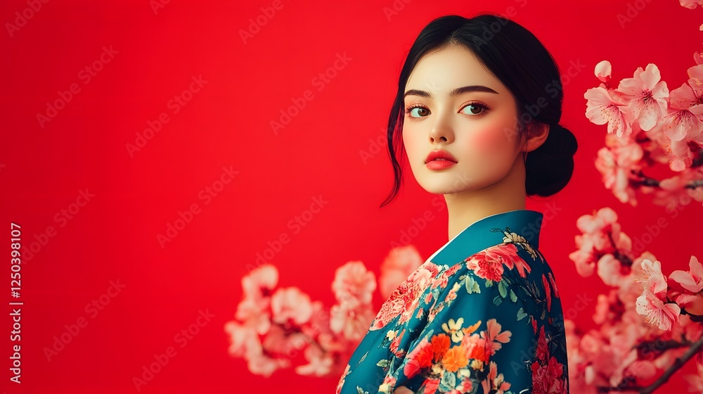 Fototapeta premium Elegant Asian Woman with Floral Backdrop Showcase Radiant Beauty and Captivating Expression