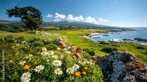 Breathtaking scenic coastal landscape with a lush flower meadow overlooking the azure ocean and rugged rocky cliffs  Peaceful tranquil and picturesque outdoor natural setting ideal for travel