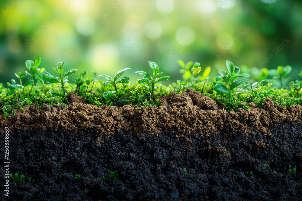 Fototapeta premium Young plants growing in fertile soil, morning sunlight, nature background, for eco projects