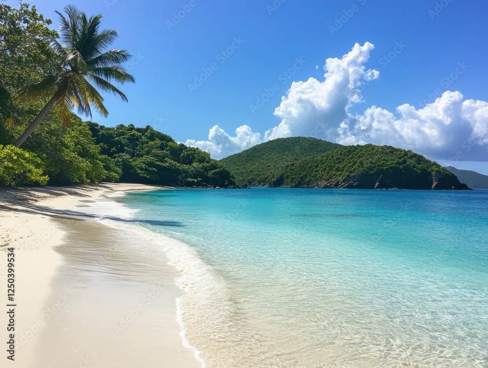 Fototapeta premium Serene tropical beach with clear blue waters and lush greenery