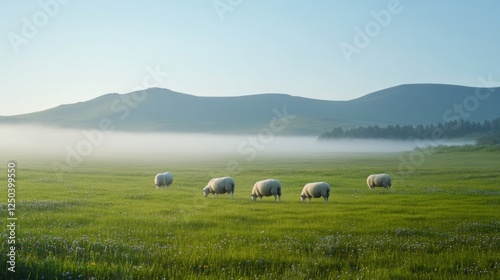Sheep grazing in a misty meadow landscape photo