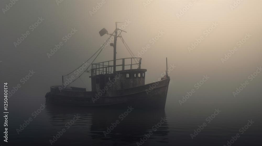 A fishing boat sails into the sunset on the open sea A fishing boat sails into the sunset on the open sea