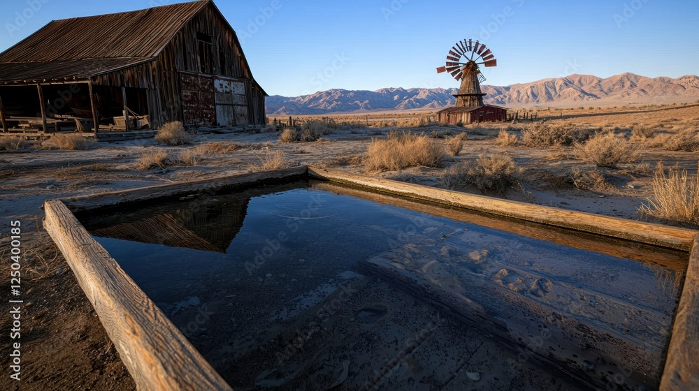 Rustic barn and windmill near a reflective water pool in a desert landscape at sunset
