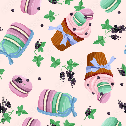 Different tastes and colors macaroons tied with a bow, cake and black currant. Seamless vector illustration. For decoration textile, packaging.