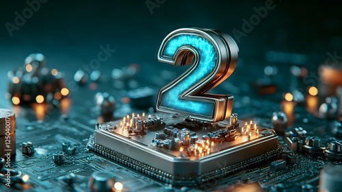 Detailed close up view of a blue metallic digital computer chip or processor with the number 2 prominently displayed showcasing the intricate circuitry and futuristic technological design