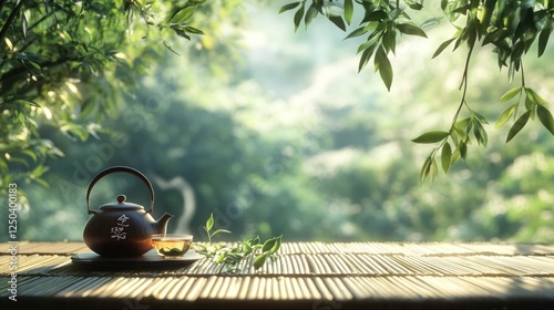 Zen tea ceremony, tranquil garden, morning light, peaceful scene, for relaxation, stock image, suitable for branding, mindfulness
