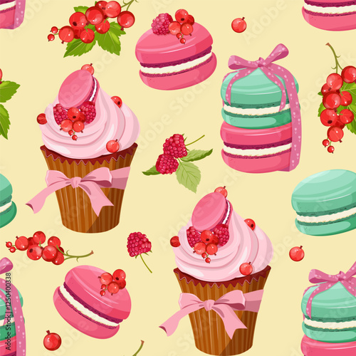 Different tastes and colors macaroons tied with a bow, cake and berries. Seamless vector illustration. For decoration textile, packaging.