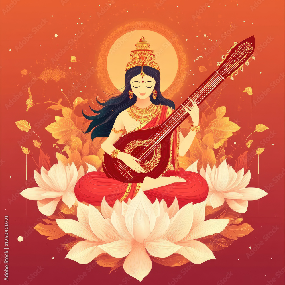 Obraz premium Vasant Panchami Social Media Poster Highlighting Goddess Saraswati Motifs with Space for Personalized Messages and Greetings