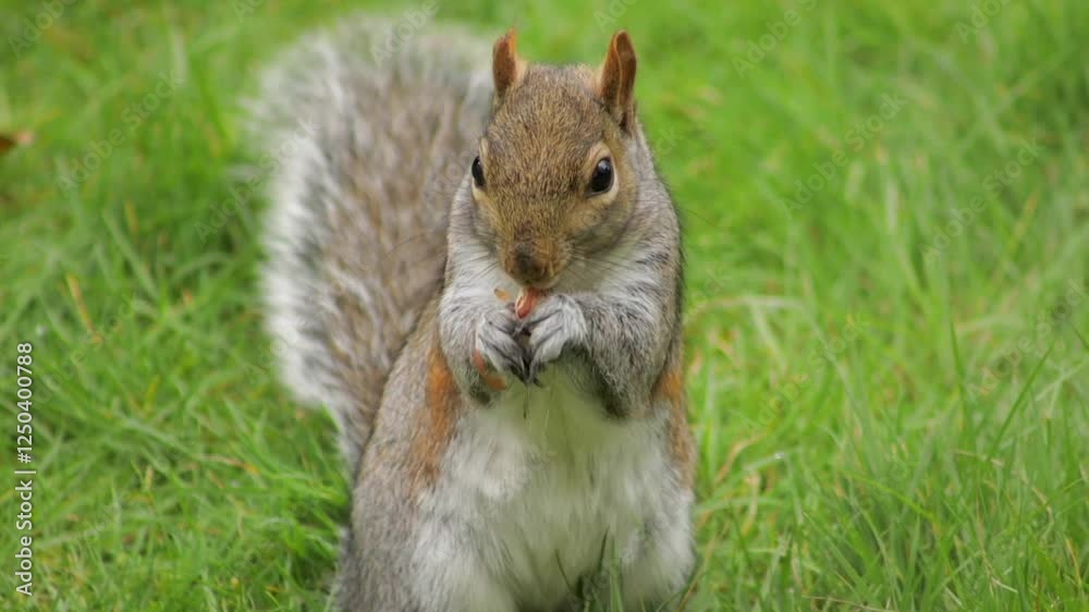 Cute Grey Squirrel Close Up Holding And Eating A Nut In Slow Motion Garden Daytime Windy Borehamwood Hertfordshire UK Cute Grey Squirrel Close Up Holding And Eating A Nut In Slow Motion Garden Daytime Windy Borehamwood Hertfordshire UK