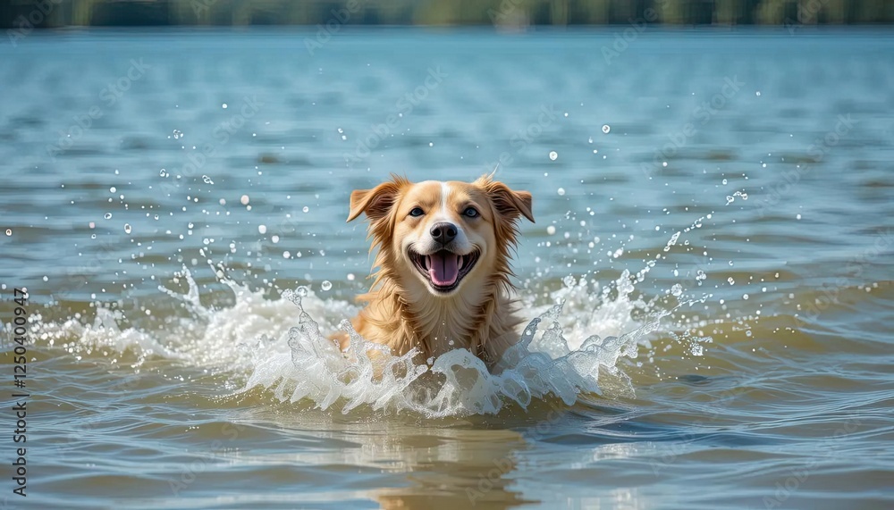 A cheerful dog splashing playfully in the clear waters of a sunny lake, enjoying the warmth and joy of a carefree day.
A cheerful dog splashing playfully in the clear waters of a sunny lake, enjoying the warmth and joy of a carefree day.