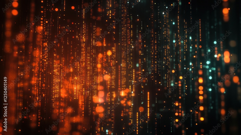Abstract digital rain background with glowing orange and blue particles