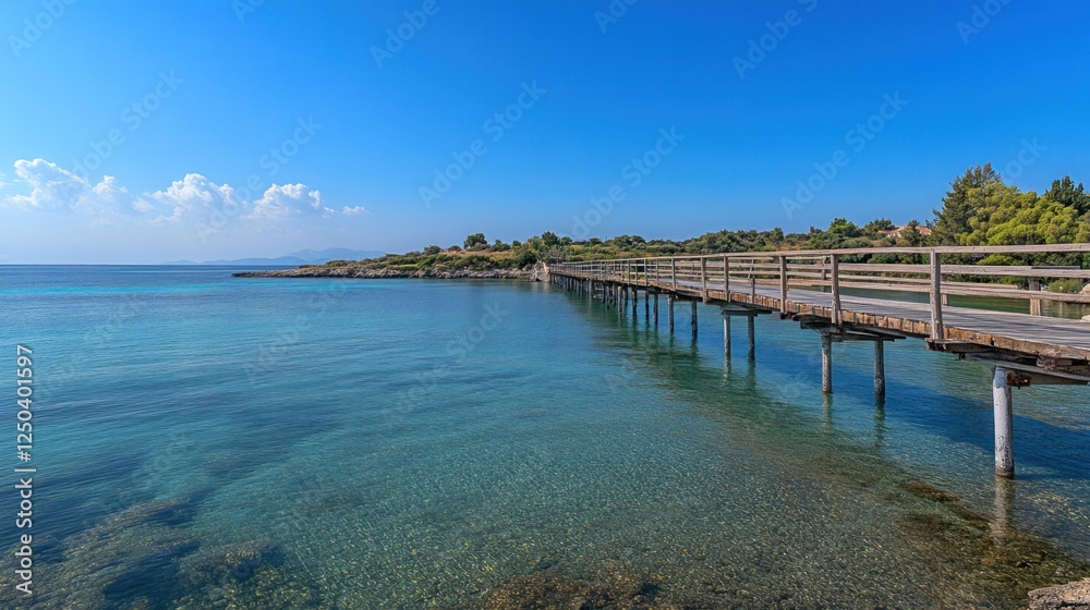 Fototapeta premium Wooden walkway over turquoise water, clear sky, idyllic scenery