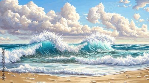 Seascape painting of ocean waves crashing on a sandy shore with clouds