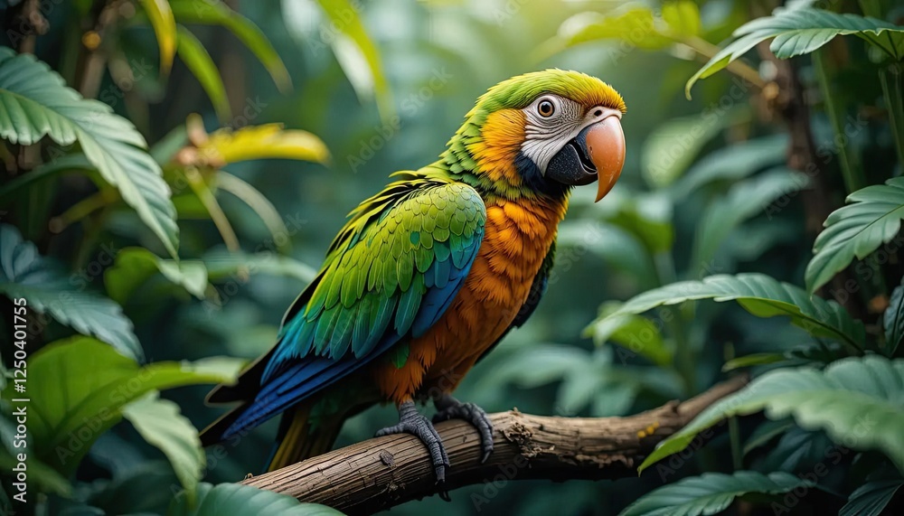 Close-up of a vibrant parrot perched amidst tropical foliage, displaying its vivid colors in a lush natural setting.
