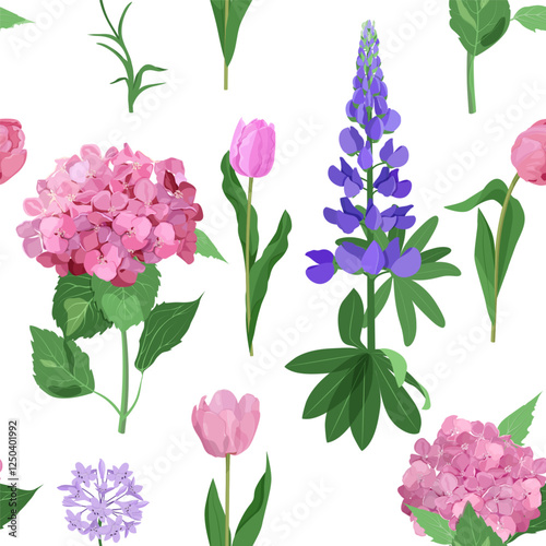 Seamless vector illustration with hydrangea, lupine and tulips on a white background. For decorating textiles, packaging, paper.