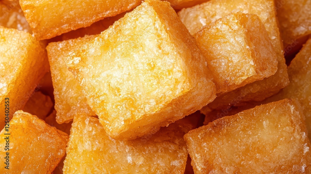 Golden, crispy cubes of deep-fried food stacked together, showcasing a delectable, crunchy texture and appealing appearance. Golden, crispy cubes of deep-fried food stacked together, showcasing a delectable, crunchy texture and appealing appearance.