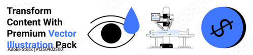 Eye with drop, robot working on machinery, currency symbol in blue circle. Ideal for healthcare, AI, automation, fintech, innovation technology futuristic designs. Flat landing page banner