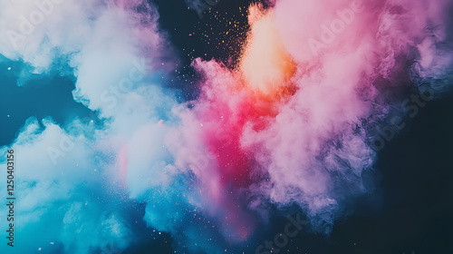 Colorful powder explosion on a black background, with pink, blue, and yellow color dust flying in space, creating a colorful cloud of smoke. This abstract, creative design would be suitable 
