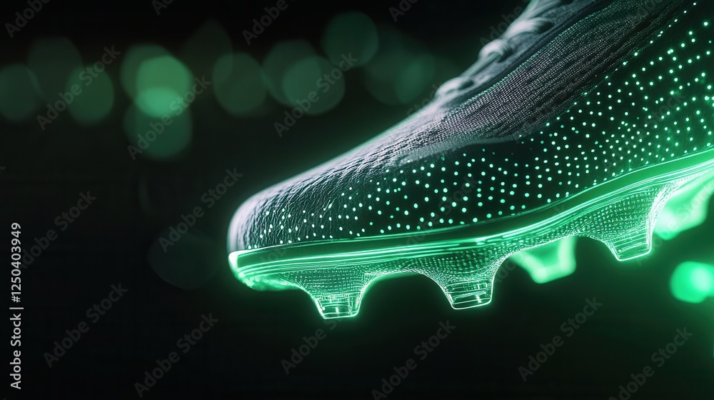 Fototapeta premium Futuristic glowing soccer cleat with neon green lights on dark background