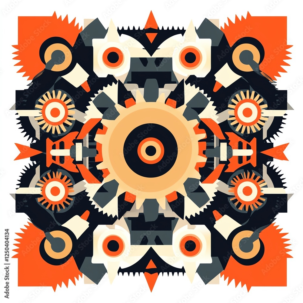 Obraz premium Abstract geometric pattern with gears and shapes in orange and black colors.