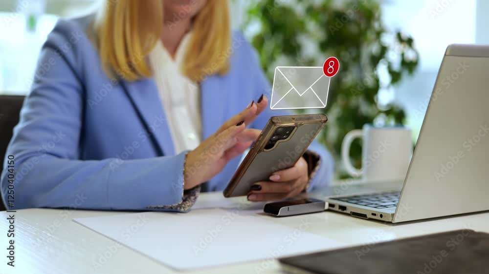 Young millennial businesswoman using her phone in an office, receiving messages with animated graphics representing communication