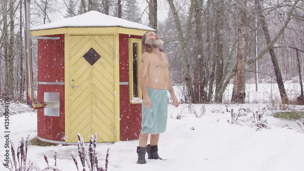 Wild man in snow near sauna looks up at heavens as snow falls, talks to God