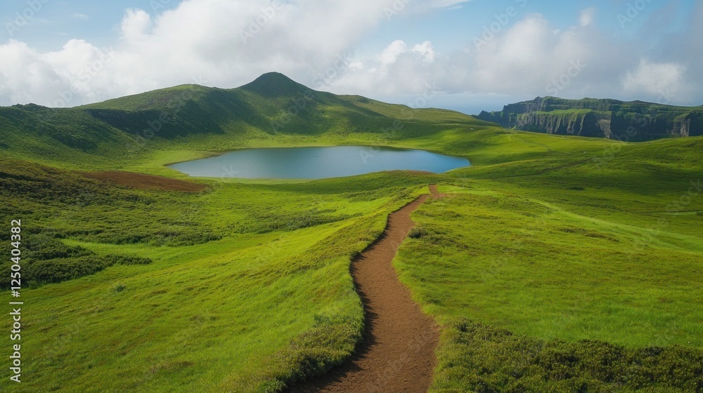 Fototapeta premium Volcanic Crater Lake, Hiking Trail, Green Hills, Peaceful Scenery, Outdoor