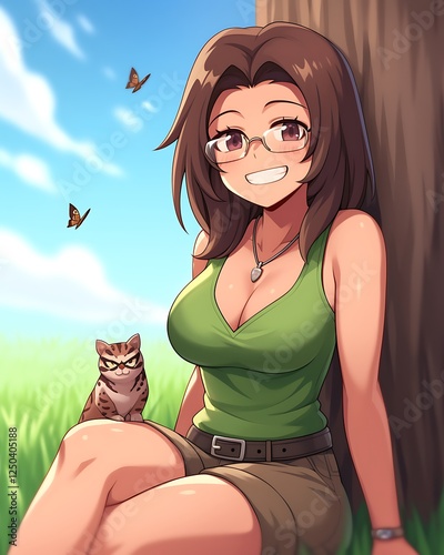 Woman Outdoors with Cat, Butterflies, and Tree photo