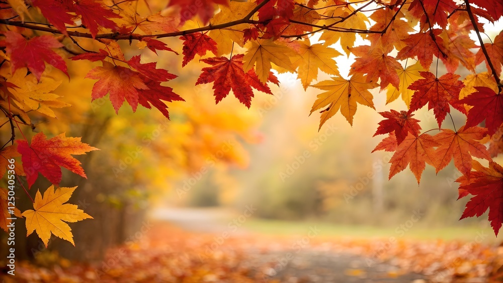 Vibrant Autumn Maple Leaves Frame Scenic Pathway Vibrant Autumn Maple Leaves Frame Scenic Pathway