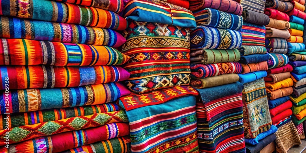 Obraz premium Colorful Woven Blankets Stacked, Santa Fe New Mexico, Long Exposure Photography
