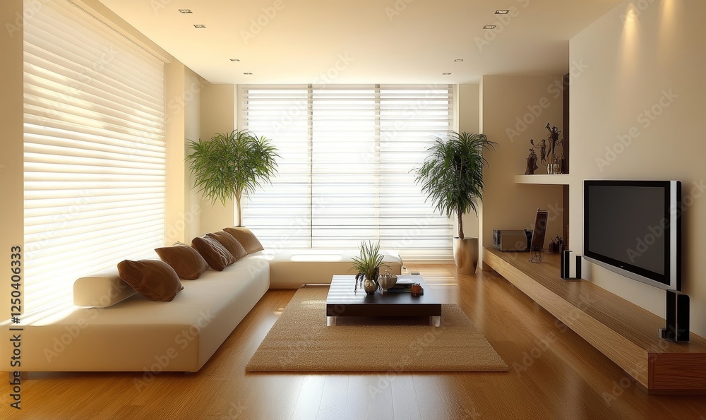 Modern Living Room with Stylish Interior Design, Light Walls, Wooden Floor, Flat Screen TV, Indoor Plants, Plush Area Rug, Minimalistic Decor, Afternoon Ambience for Elegant Home Design Inspiration, Modern Living Room with Stylish Interior Design, Light Walls, Wooden Floor, Flat Screen TV, Indoor Plants, Plush Area Rug, Minimalistic Decor, Afternoon Ambience for Elegant Home Design Inspiration,