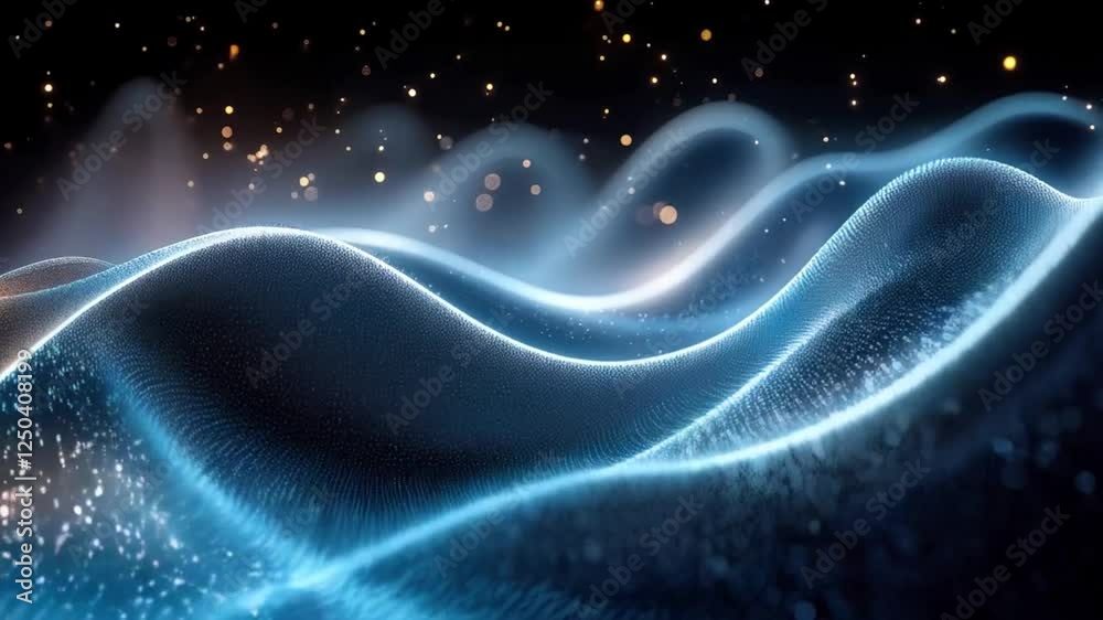 Dynamic flowing digital waves with sparkling particle motion in a futuristic night sky