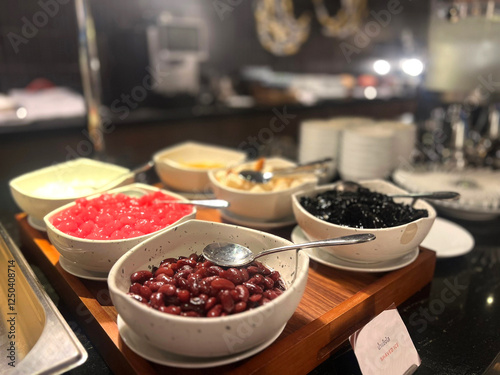 Topping mixed for ice dessert. Shaved ice.