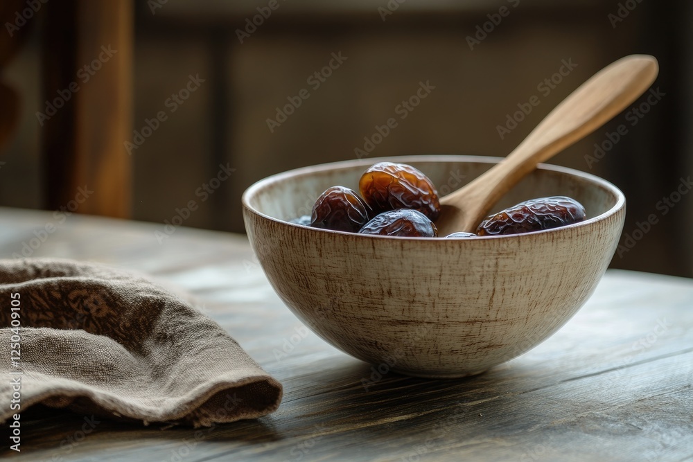 Dates in bowl, wooden spoon, rustic table, kitchen setting, food photography Dates in bowl, wooden spoon, rustic table, kitchen setting, food photography