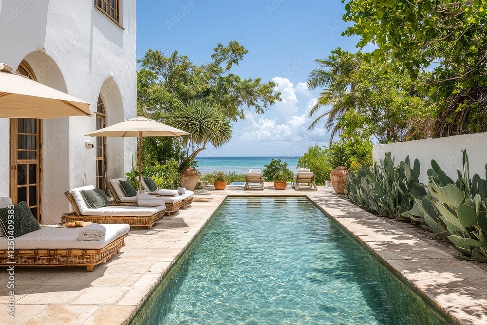 Three chairs and an umbrella by the pool, overlooking the sea in Lamu with a sunny day, blue sky, and villa with white walls, cacti, and olive trees in the garden. Three chairs and an umbrella by the pool, overlooking the sea in Lamu with a sunny day, blue sky, and villa with white walls, cacti, and olive trees in the garden.
