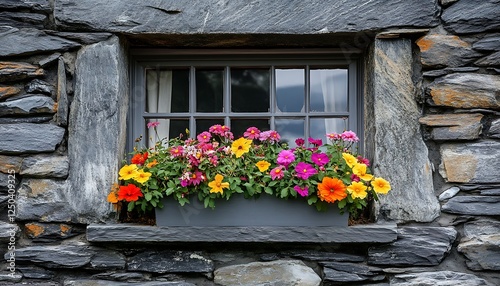 Colorful flowers in window box on stone wall