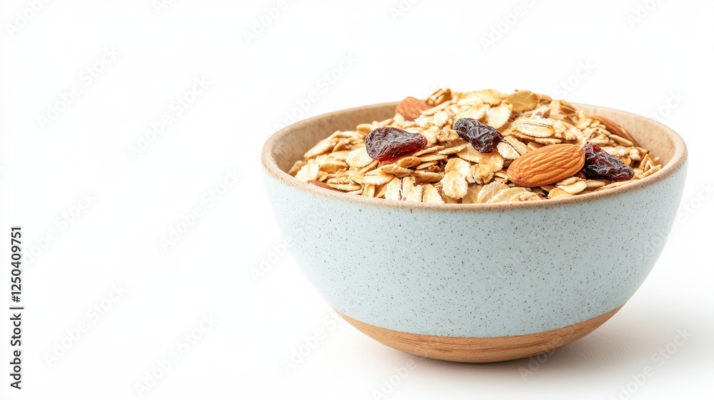 Bowl of oats with almonds and dried berries on a white background Bowl of oats with almonds and dried berries on a white background